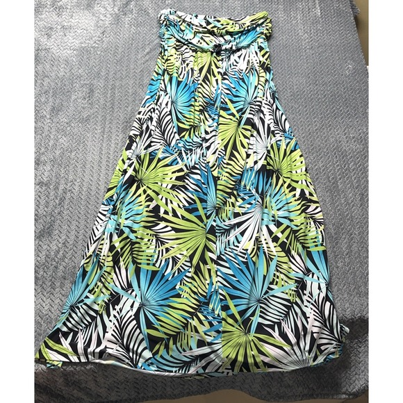 Vtg Iolani Hawaiian Dress Women M Tropical Strapless Maxi Black Aqua USA Stretch - Picture 4 of 7